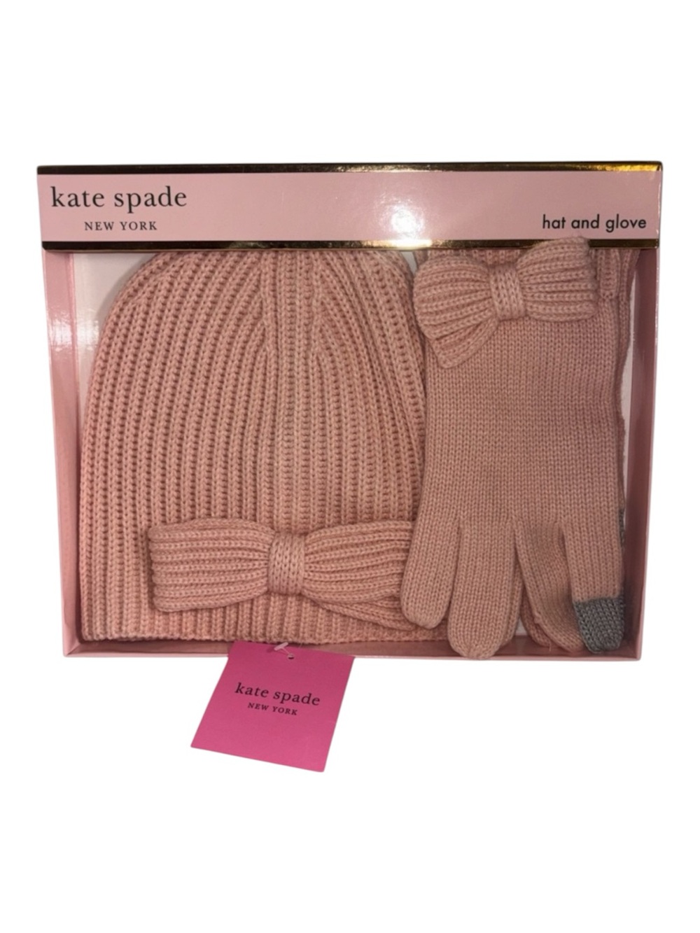 Kate Spade Hat Glove Set Half Bow Beanie and Gloves English Rose Pink One Size